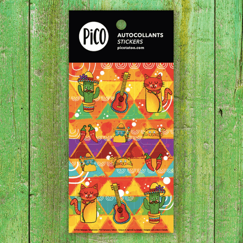 Autocollants Chats Tacos Colorés de PiCO Tatoo avec guitare chat cactus piment