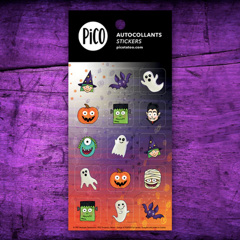 Autocollants Halloween de Pico Tatoo avec sorcière, fantome, vampire, citrouille, momie, chauve-souris, frankenstein et monstre