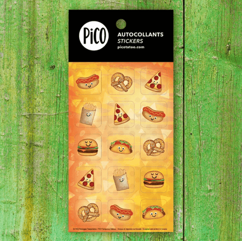 Autocollants plaisirs salés de Pico Tatoo avec hot dog, bretzel, pizza, frites, tacos et hamburger
