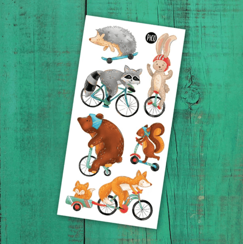 Tatouages animaux à vélo de Pico Tatoo avec raton laveur, lapin, hérisson, écureuil, ours, renard roux