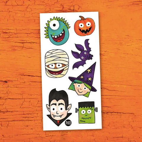 Tatouages Halloween de Pico Tatoo avec citrouille, monstre, momie, chauve-souris, sorcière, vampire et Frankenstein